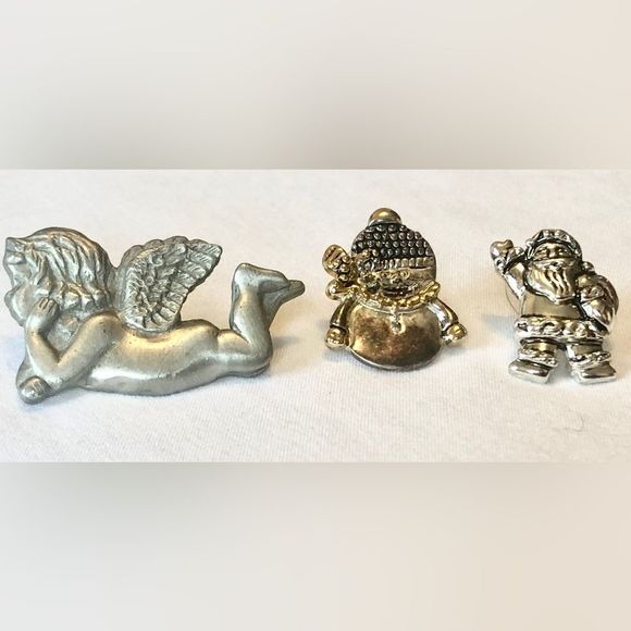 3 silver tone pins: Angel, snowman, and Santa - Picture 1 of 8